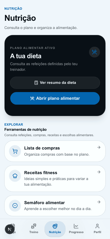 Área de nutrição do aluno na PrimeCoach.