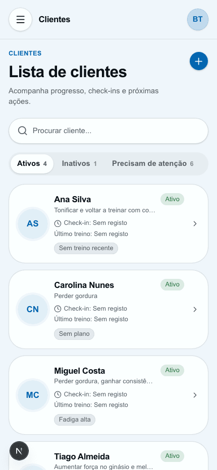 Software PrimeCoach com gestão de clientes para PTs