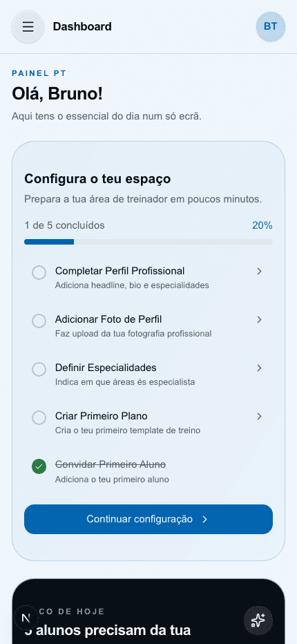 Dashboard do software PrimeCoach