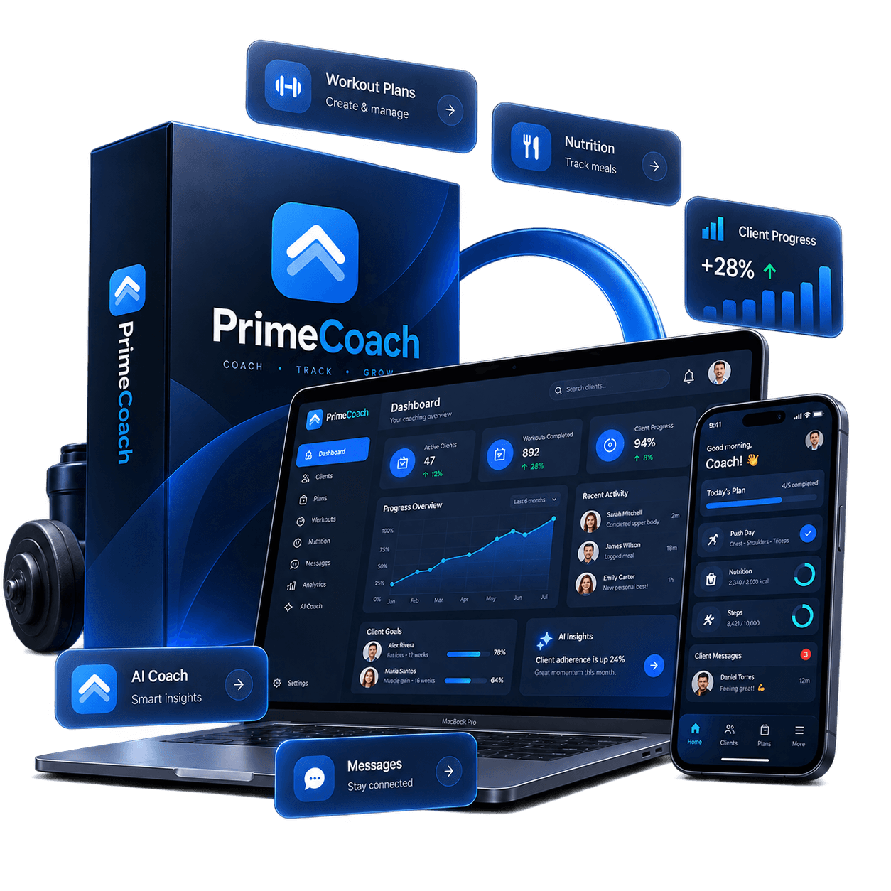 Mockup da PrimeCoach com dashboard, treinos, nutrição e progresso de clientes em laptop e telemóvel