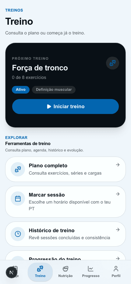 Treino do aluno na app PrimeCoach com acesso ao plano do dia.