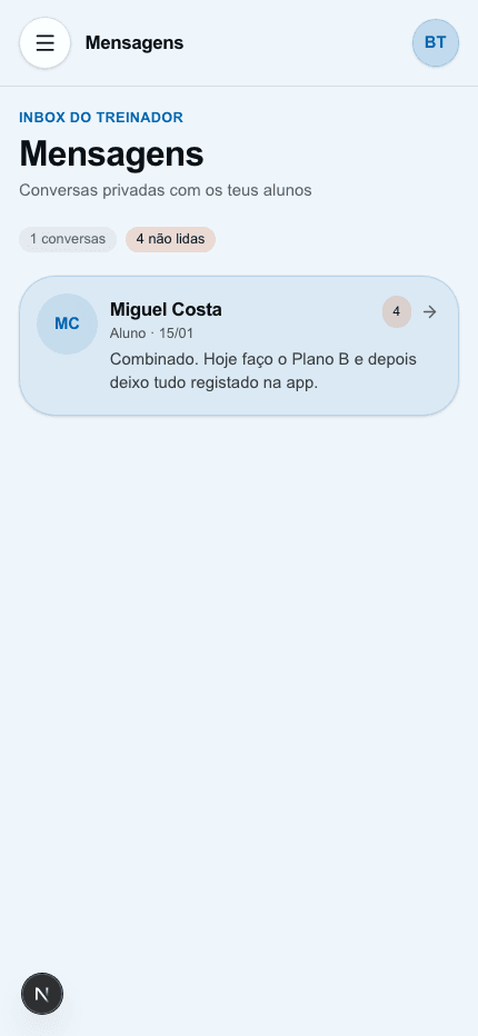 Inbox de mensagens do treinador na PrimeCoach.