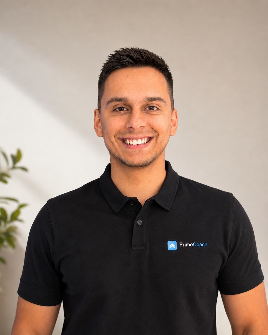 Bruno Teixeira, personal trainer e fundador da PrimeCoach, com uma polo preta da marca