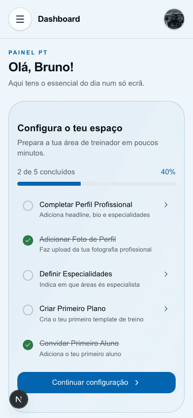 Dashboard do treinador com preparação do espaço na PrimeCoach.