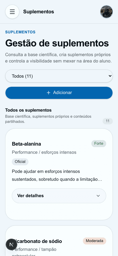 Gestão de suplementos na PrimeCoach com lista e recomendação científica.