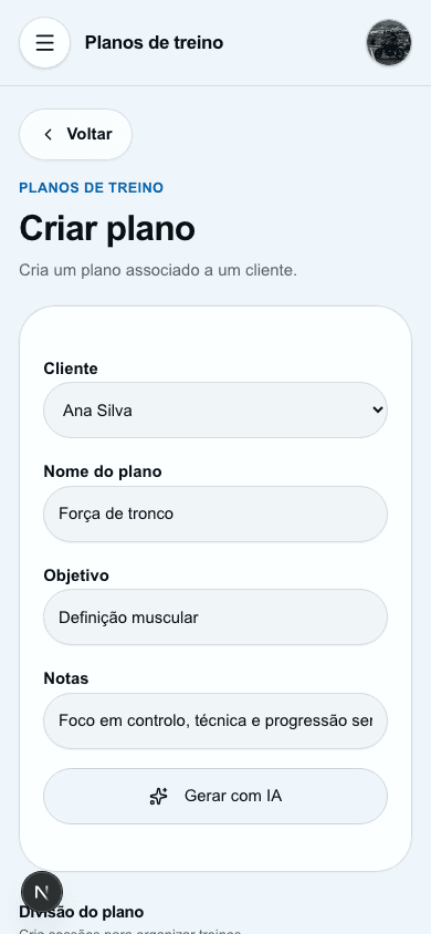 Fluxo de criação de planos de treino no painel do treinador.